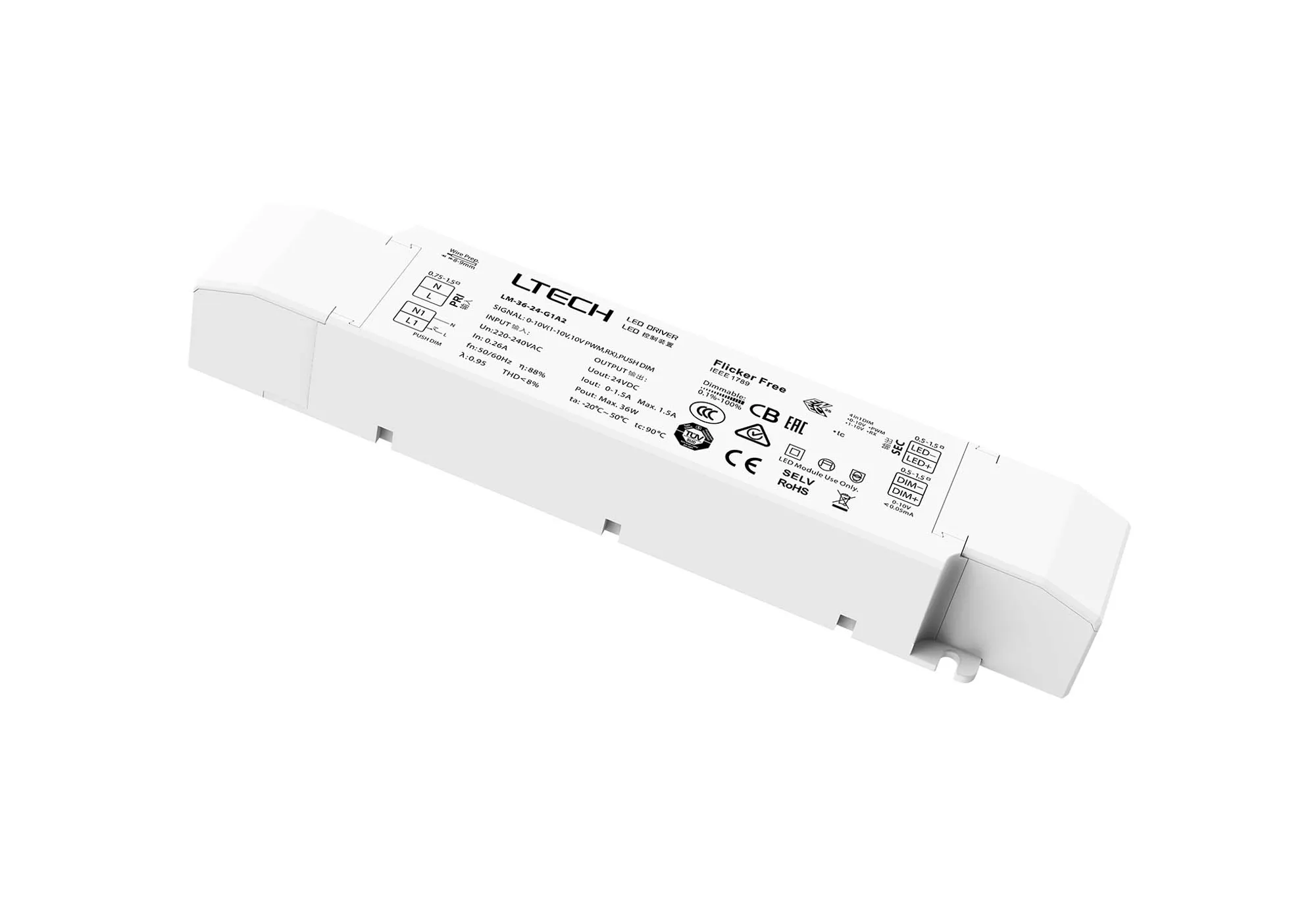 0-10V/1-10V/10V PWM/RX/Push DIM, 0-100% Dim, CV 36W, 24Vdc 1.5A, 200-240Vac, IP20, 5yrs Warranty. LM-36-24-G1A2  LTECH Constant Voltage